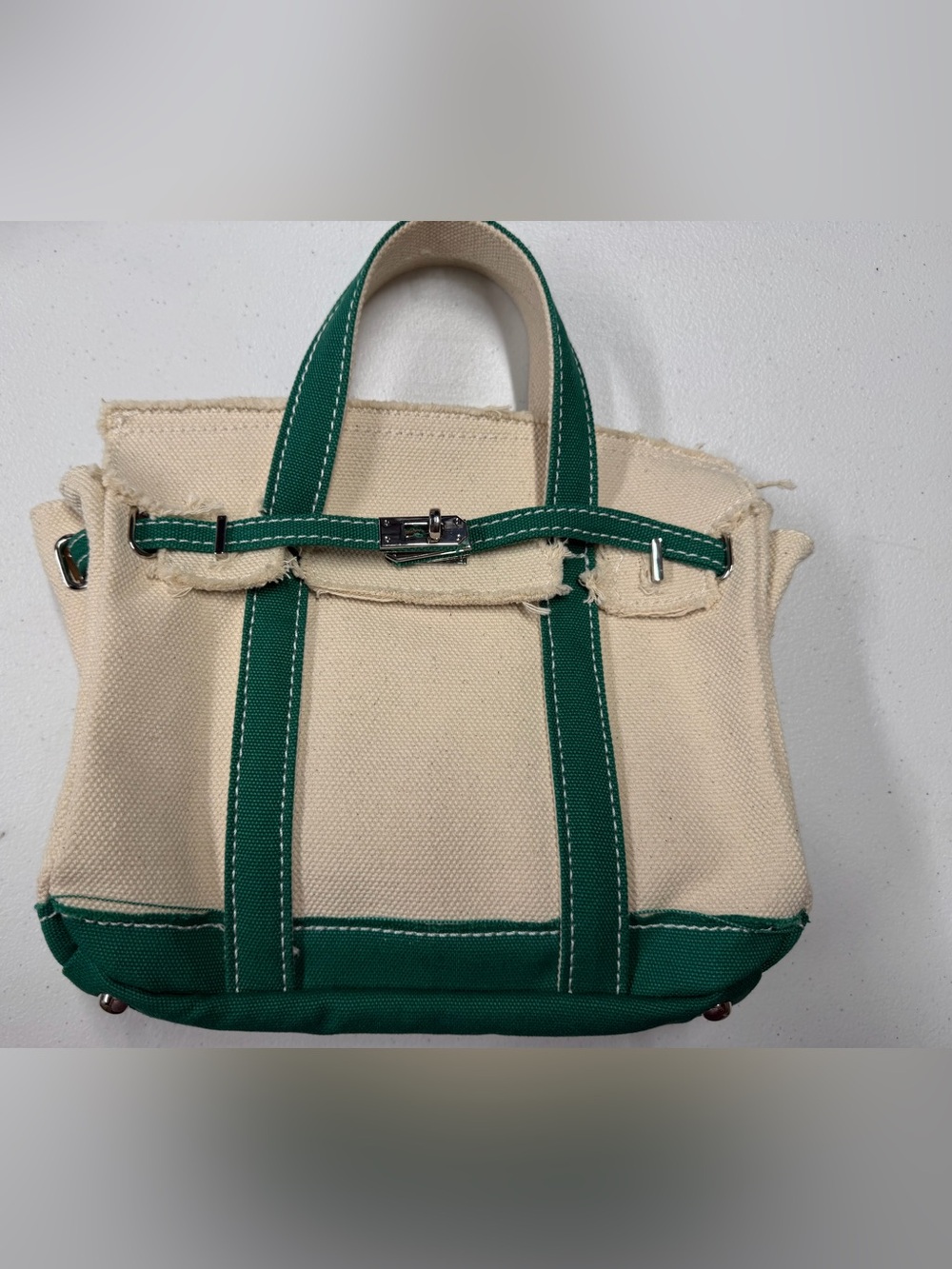 NEW Viral Sunwin Boatkin Small Tote Cream Canvas/Green Handles Beach Wirkincore